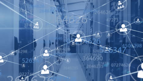 animación de la red de conexiones con iconos y números digitales a través de servidores informáticos