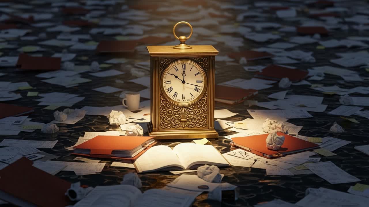 A Golden Clock Amidst a Sea of Papers: The Struggle of Time Management and Study Chaos Dominating the Scene of Academic Challenges