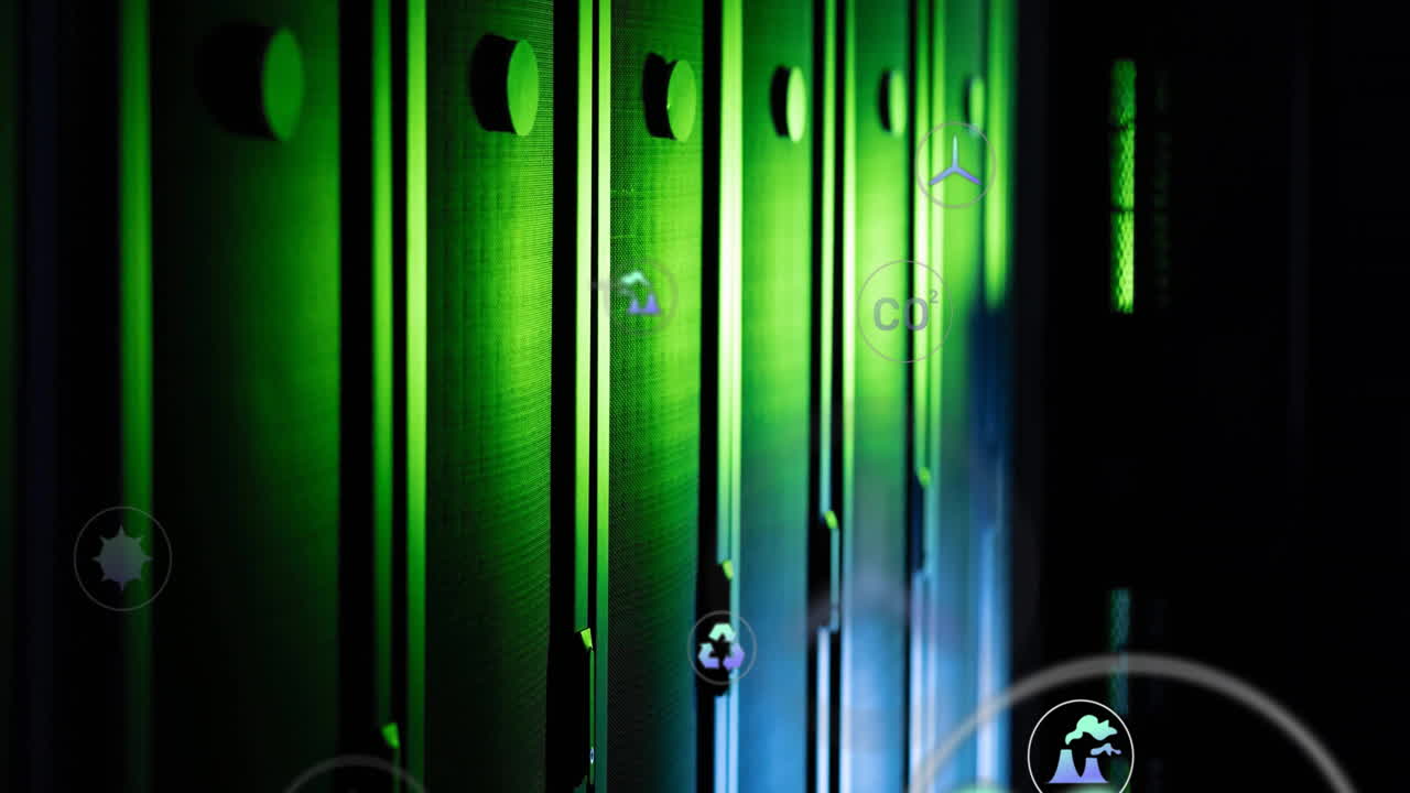 animación de iconos de ecología y procesamiento de datos en la sala del servidor