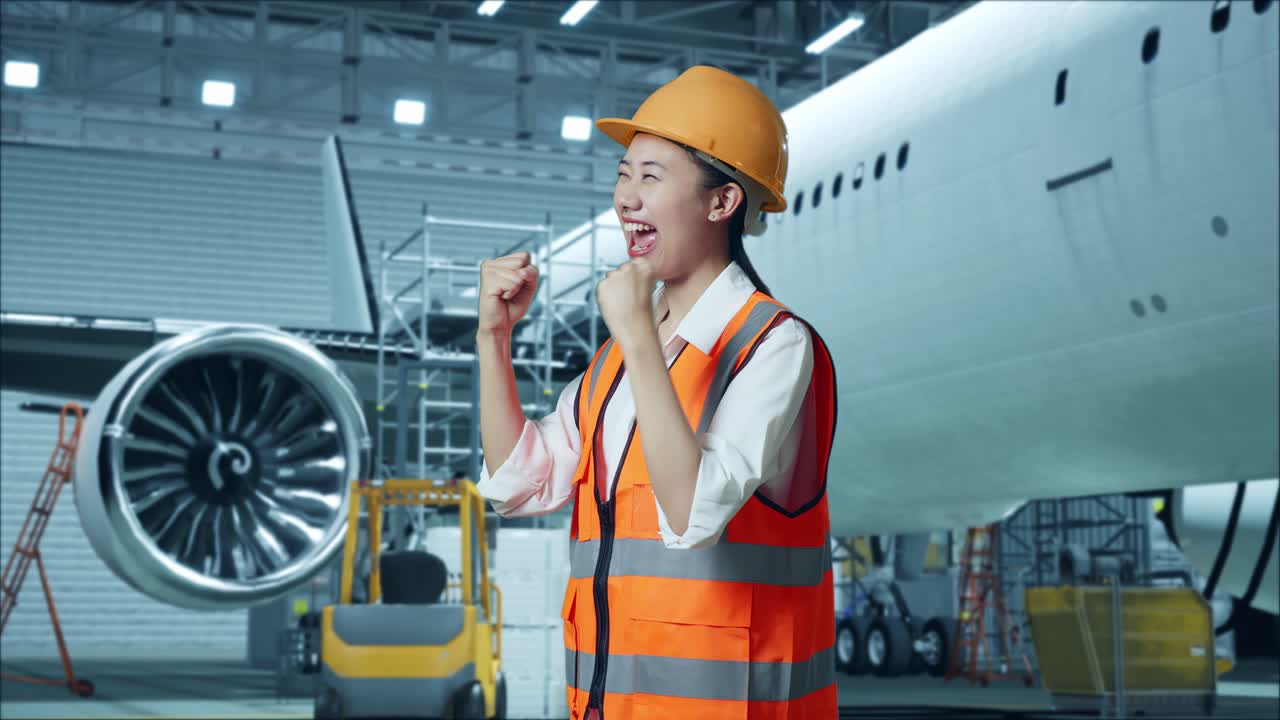 흥분 된 여성 엔지니어 가 항공기 유지 보수 창고 에서 축하 하고 있다