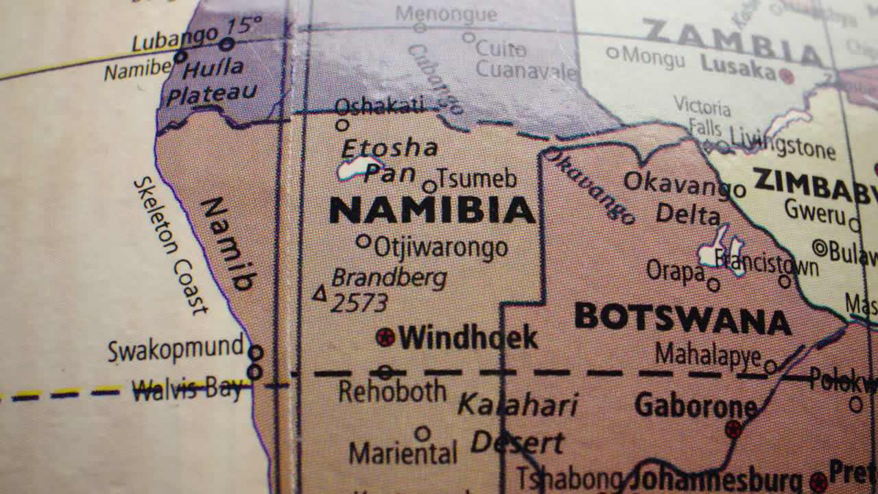 Vista ravvicinata della Namibia su una mappa mondiale dettagliata