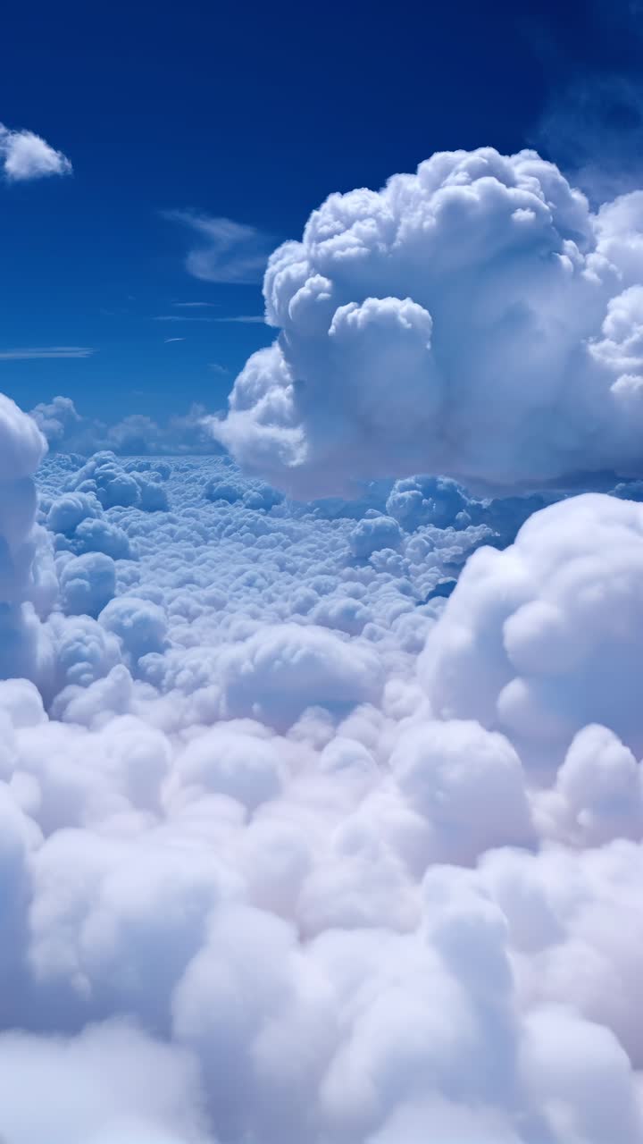 Aerial video view of fluffy clouds against a vibrant blue sky, capturing a serene and dreamy
