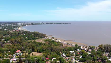 Avenida-Costera,-Toma-Aérea-De-Establecimiento-De-La-Rambla-De-Colonia,-A-Lo-Largo-De-La-Playa,-Uruguay