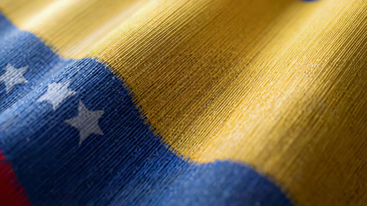 Bandeira tricolor ondulante movendo-se pela moldura após panorâmica da câmera em estúdio, mostrando a trama e as estrelas