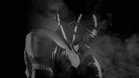 animation of male american football player over smoke on black background