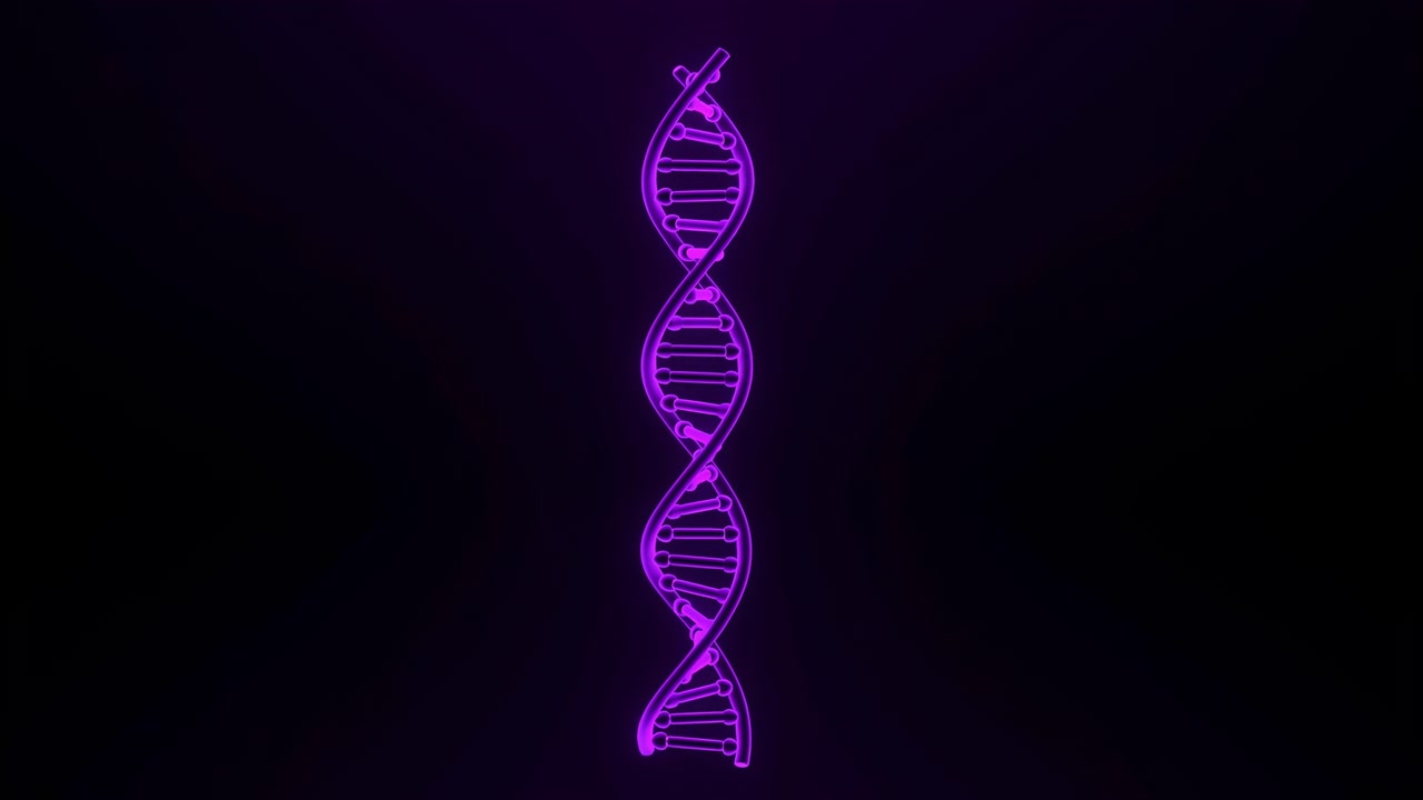 Elica di DNA statica, su sfondo scuro, da una prospettiva frontale, con accenti viola e neri, e un'atmosfera scientifica, con luce chiara e composizione equilibrata, dettaglio chiaro
