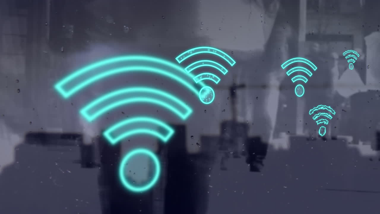 animación de iconos wifi digitales que vuelan sobre el paisaje urbano