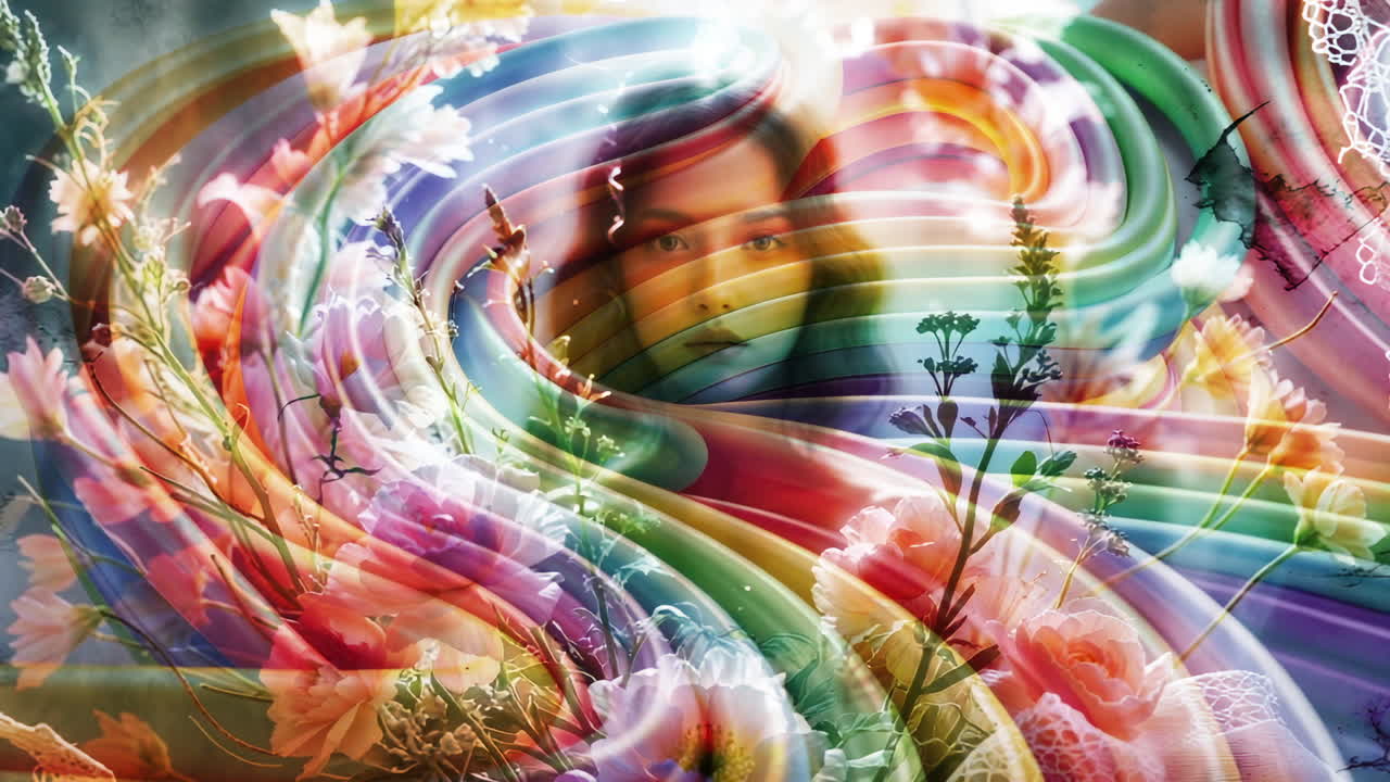 Ethereal Portrait Blended with Rainbow Swirls and Flowers