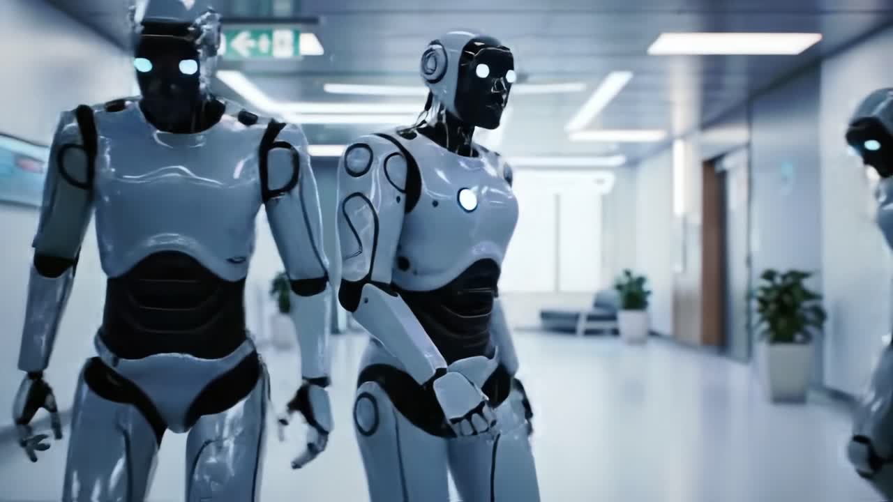 A Group of Advanced Humanoid Robots Navigating a Modern Corridor, Showcasing Their Sleek Design and Intelligence in a Futuristic Environment