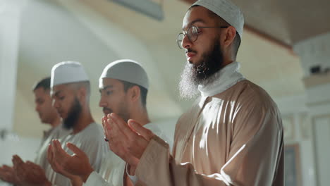 islam, praise and group of men in mosque praying