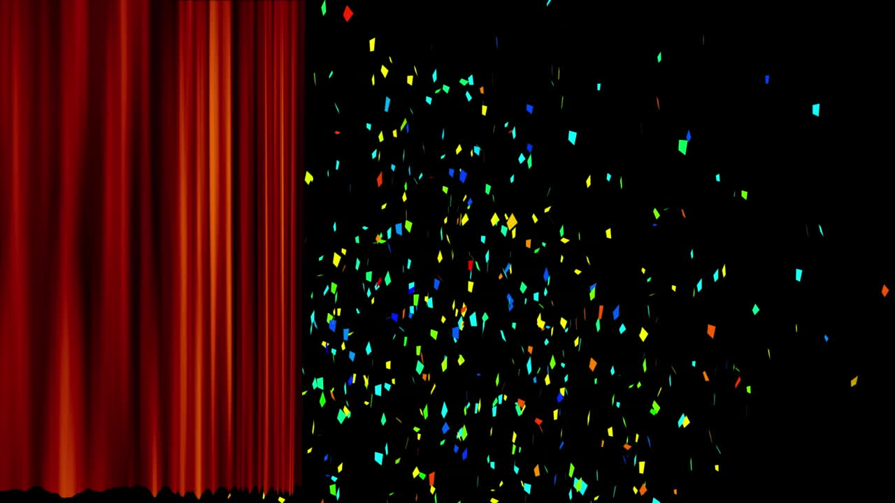 다채로운 콘페티가 떨어지고 빨간 커튼이 열리는 애니메이션