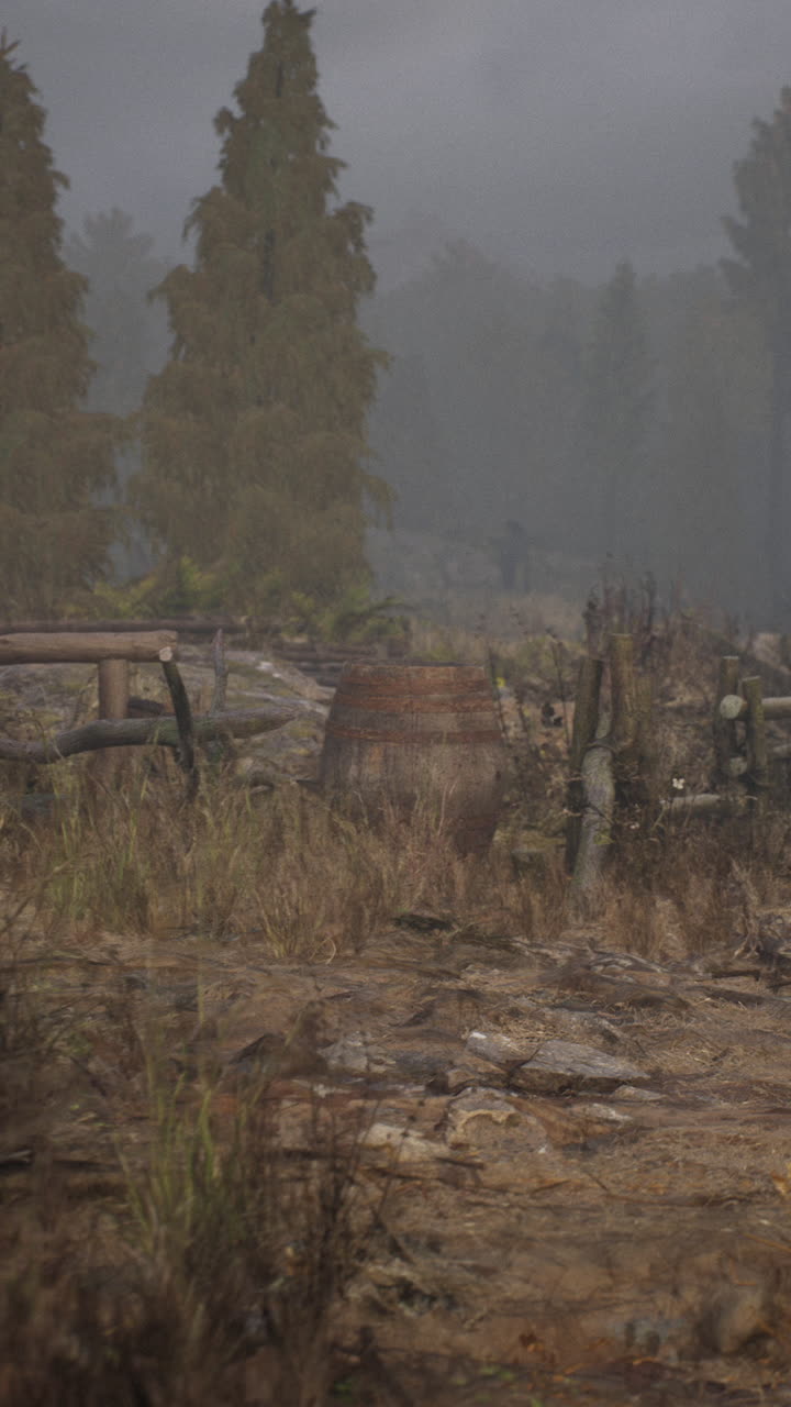 camino de bosque nebuloso con un viejo barril de madera