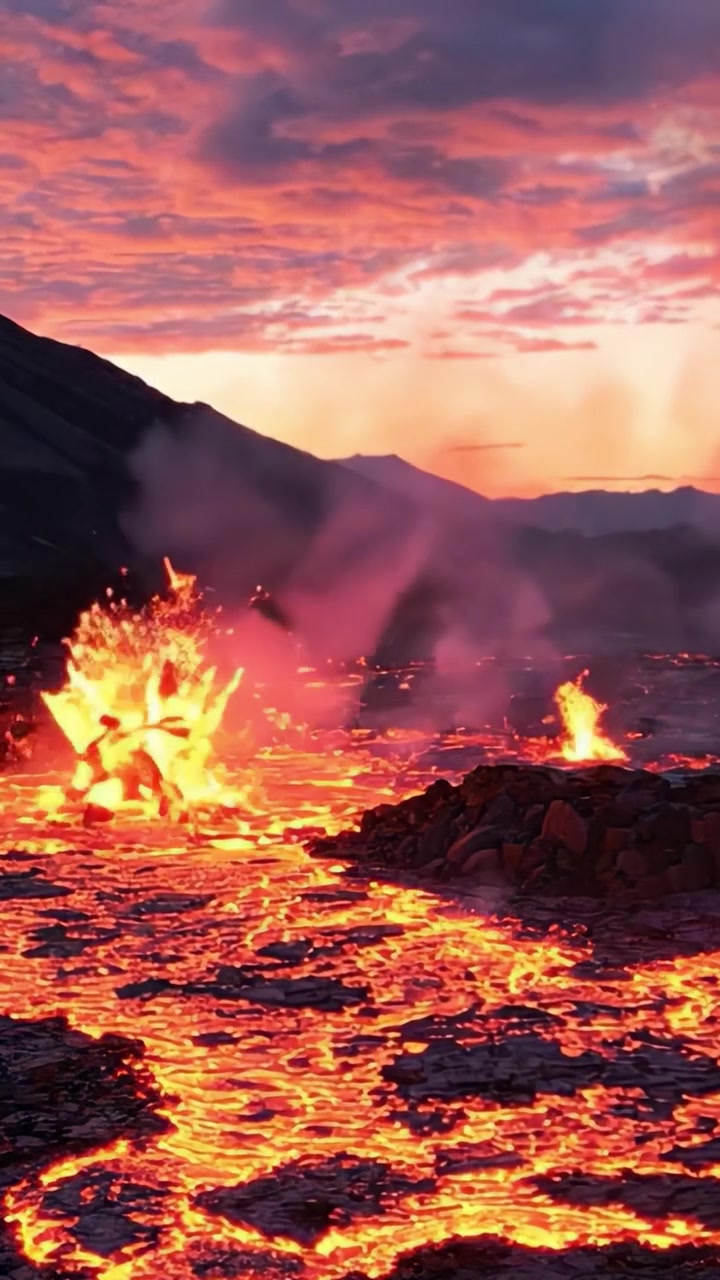 Majestic Eruption: Breathtaking Lava Flow Illuminates the Landscape as Fiery Streams and Explosions Create a Stunning Display at Sunset