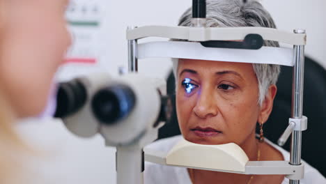 cuidado ocular, prueba con láser y mujer en la oficina