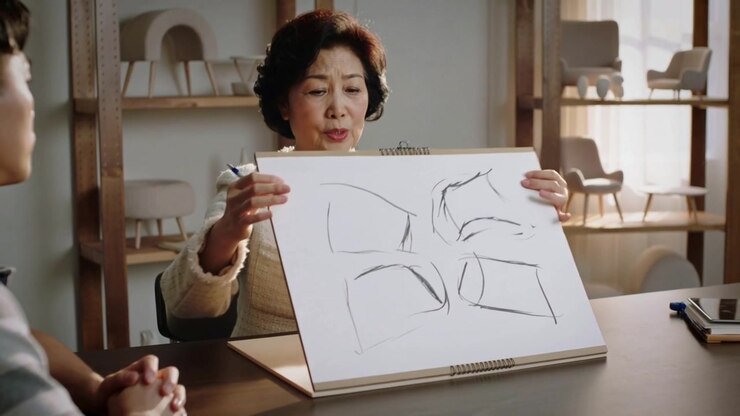 Drawing senior designer in cream coat leaning in turning spiral pad showing forms