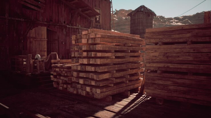 Sunlit rustic warehouse filled with stacked wooden pallets