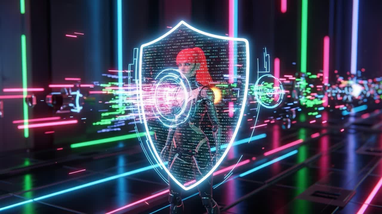 A futuristic digital guardian stands confidently behind a glowing shield, surrounded by vibrant neon lights and data streams, embodying the intersection of technology and protection