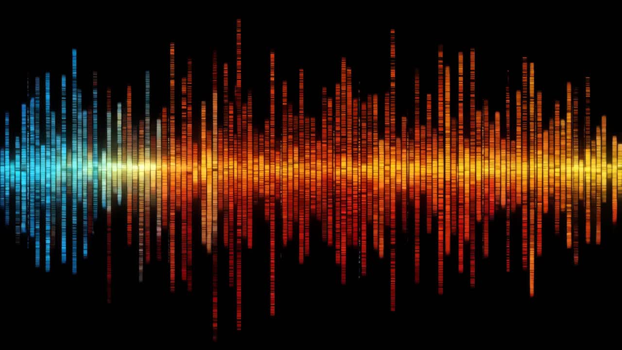 Dynamic soundwave pattern in vibrant orange and blue hues on a black background