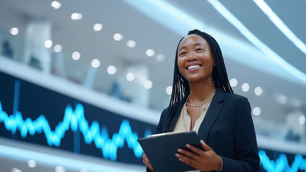 A confident professional woman stands proudly in a modern office environment, smiling while holding a digital tablet and surrounded by dynamic financial graphics