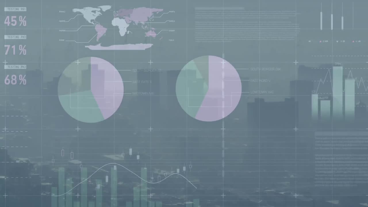Animation of multicolored infographic interface over modern cityscape against sky