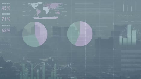 animation of multicolored infographic interface over modern cityscape against sky
