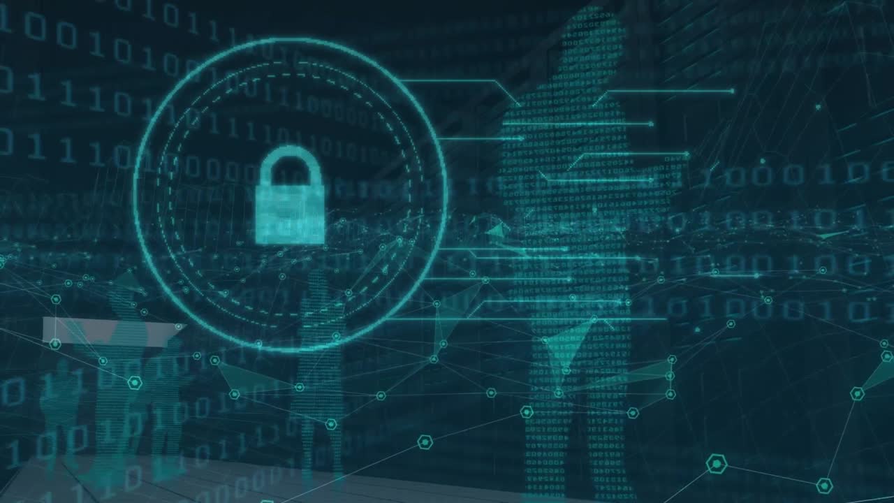 animación de datos, silueta humana y candado digital sobre fondo negro