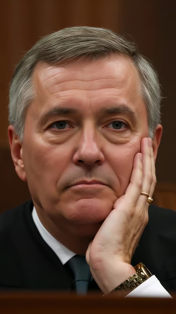 Vertical video: Recording man holding cheek at wood panel hearing, in dark suit gold watch ring