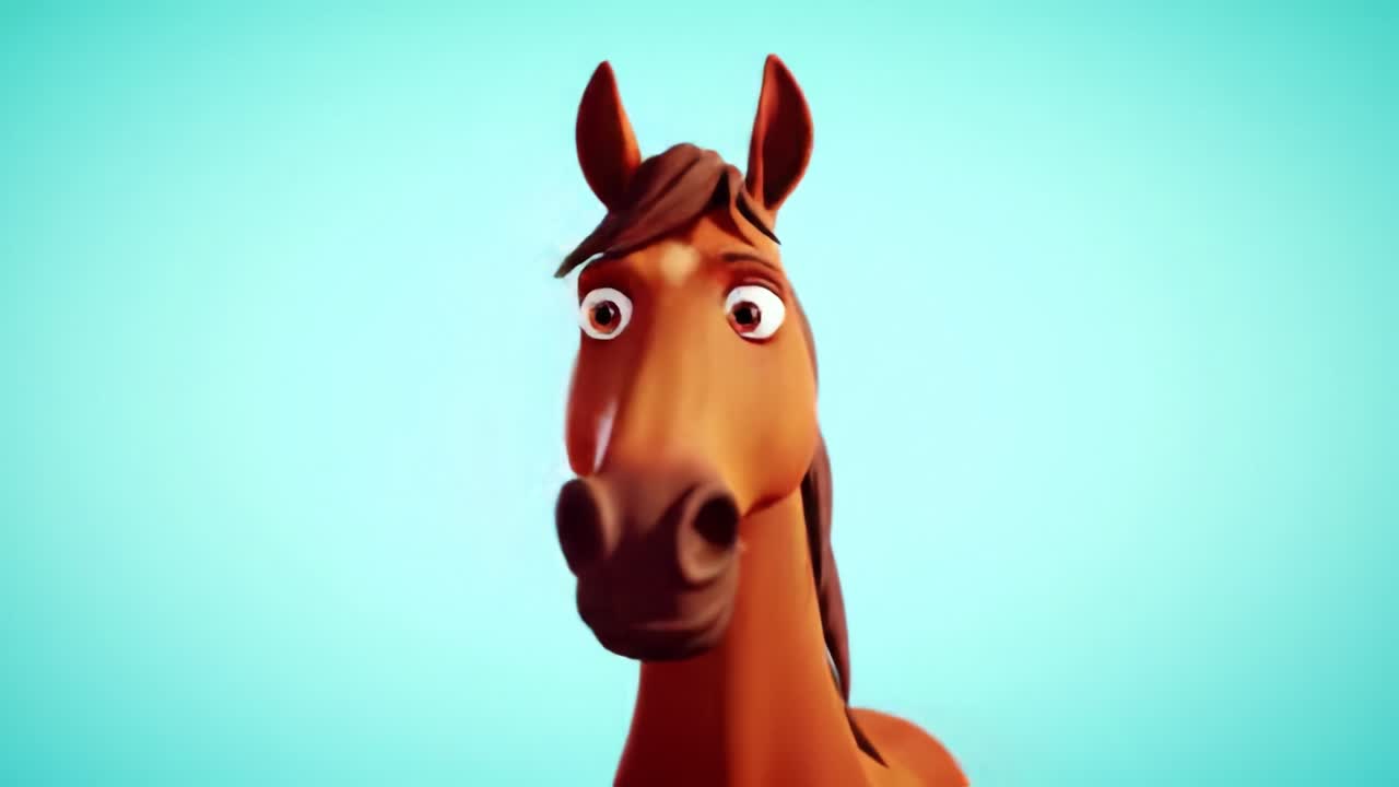 A Curious Animated Horse Character with Expressive Eyes and a Stylish Mane Against a Bright Blue Background, Capturing the Charm of Digital Animation