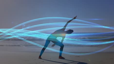 animatie van blauwe lijnen over blanke vrouw die yoga beoefent op het strand