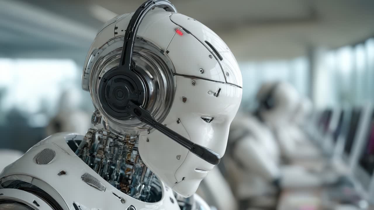 Modern bir çalışma ortamında son teknoloji ve hassas mühendisliği sergileyerek kesintisiz iletişim kuran gelişmiş bir robotik asistan.