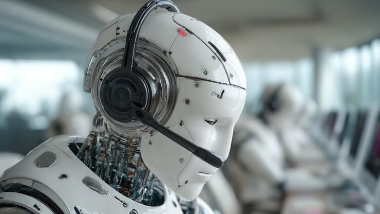 Un assistente robotico avanzato si impegna in una comunicazione fluida, mostrando tecnologia all'avanguardia e ingegneria di precisione in un ambiente di lavoro moderno