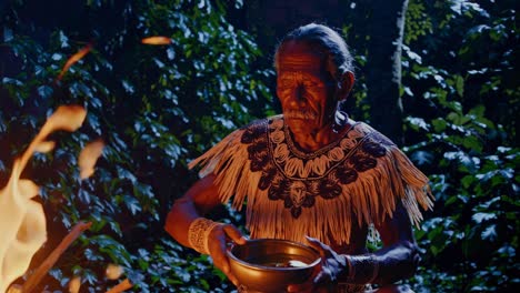 indigenous shaman, adorned in traditional attire, performs a night ritual by the firelight in the amazon rainforest, holding a bowl and seemingly invoking ancient spirits