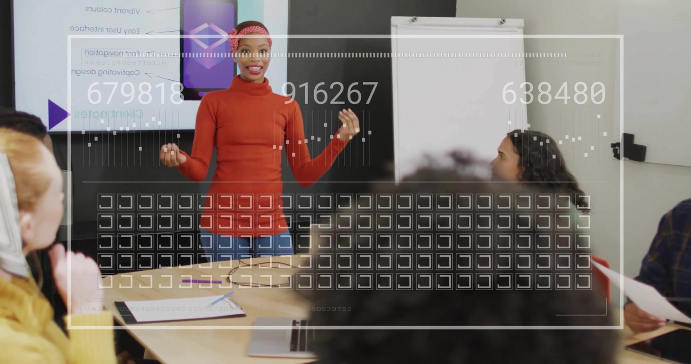 Presenter spreading hands at meeting start introducing data overlays explaining real-time metrics