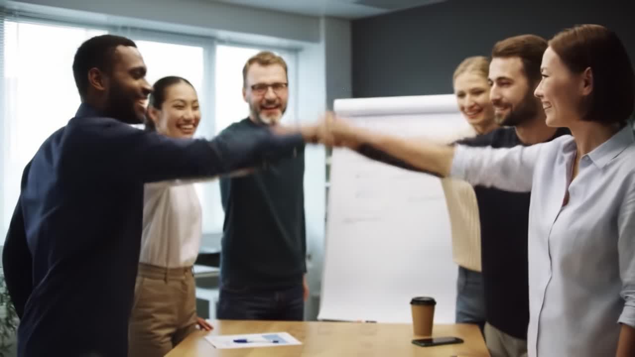 Team members in a modern office gather around a table to celebrate their project completion. They share smiles and enthusiasm, emphasizing teamwork and collaboration.