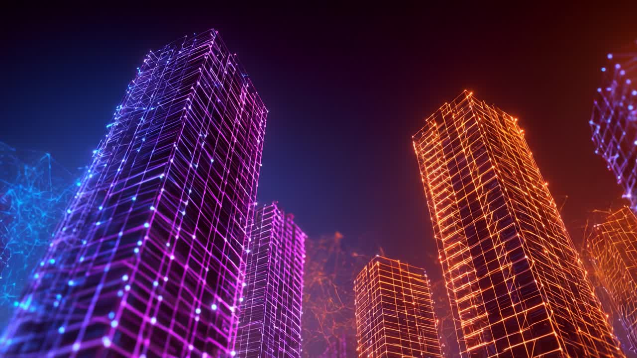 A Futuristic Cityscape: A Stunning Visualization of Neon-Lit Skyscrapers Amidst a Digital Network, Showcasing Vibrant Colors and Advanced Architectural Designs of Tomorrow