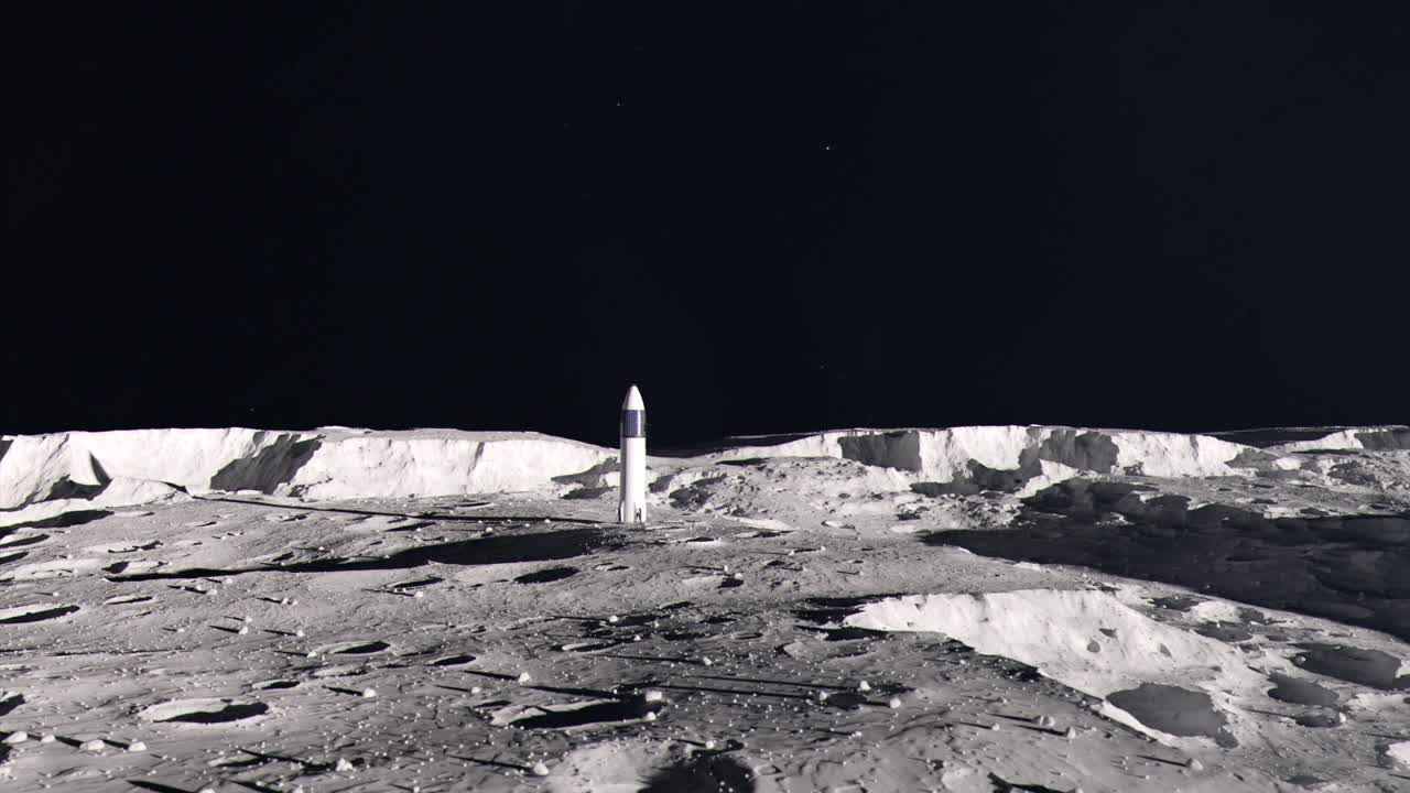 Inquadratura di stabilimento media di un razzo spaziale sulla superficie della Luna