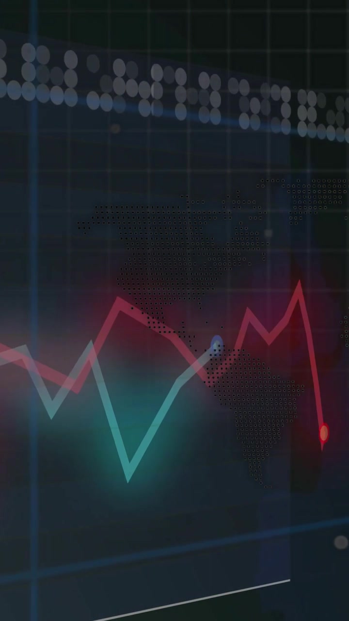 Vertical video: Camera starting pan right, bars revealing lines tracing market visualizing data