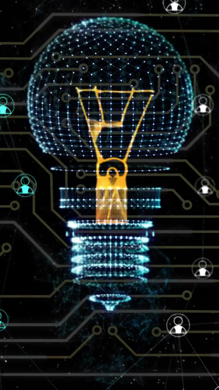 Animation of computer circuit board with ai data processing and lightbulb