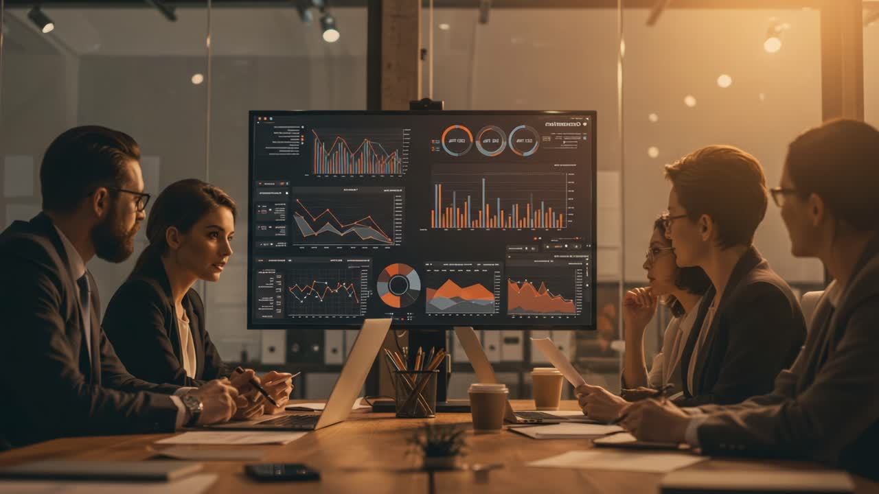 Professionals Collaborating in a Conference Room, Analyzing Data Visualizations and Generating Strategies for Business Growth Using Advanced Technology in a Modern Setting