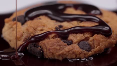 pouring syrup on top of a cookie. detailed macro close up