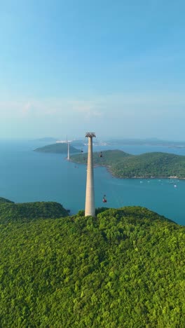 vertical drone shot of the world's longest three-rope cable car stretching over lush green islands in phu quoc, vietnam.