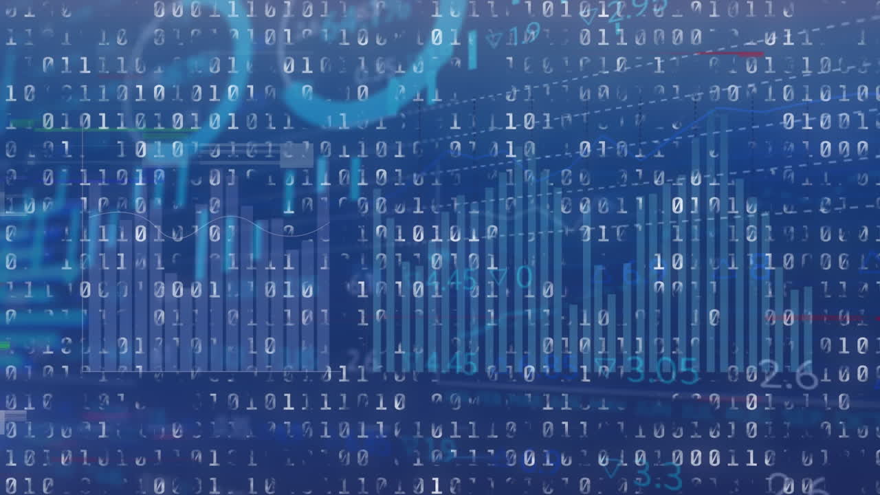 animatie van statistieken en gegevensverwerking in binaire codering op blauwe achtergrond.