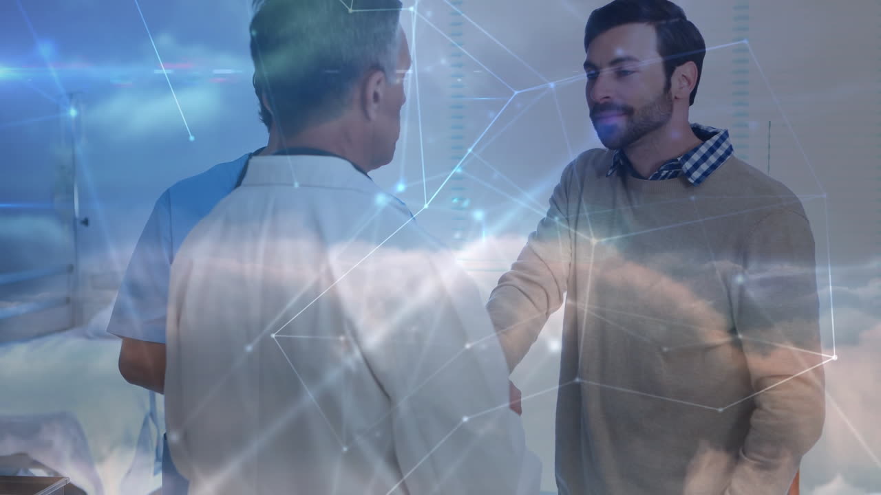 animación de conexiones a través de diversos médicos varones y pacientes hablando