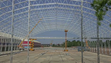 Static-shot-of-metal-structure-on-the-construction-site-during-daytime-timelapse