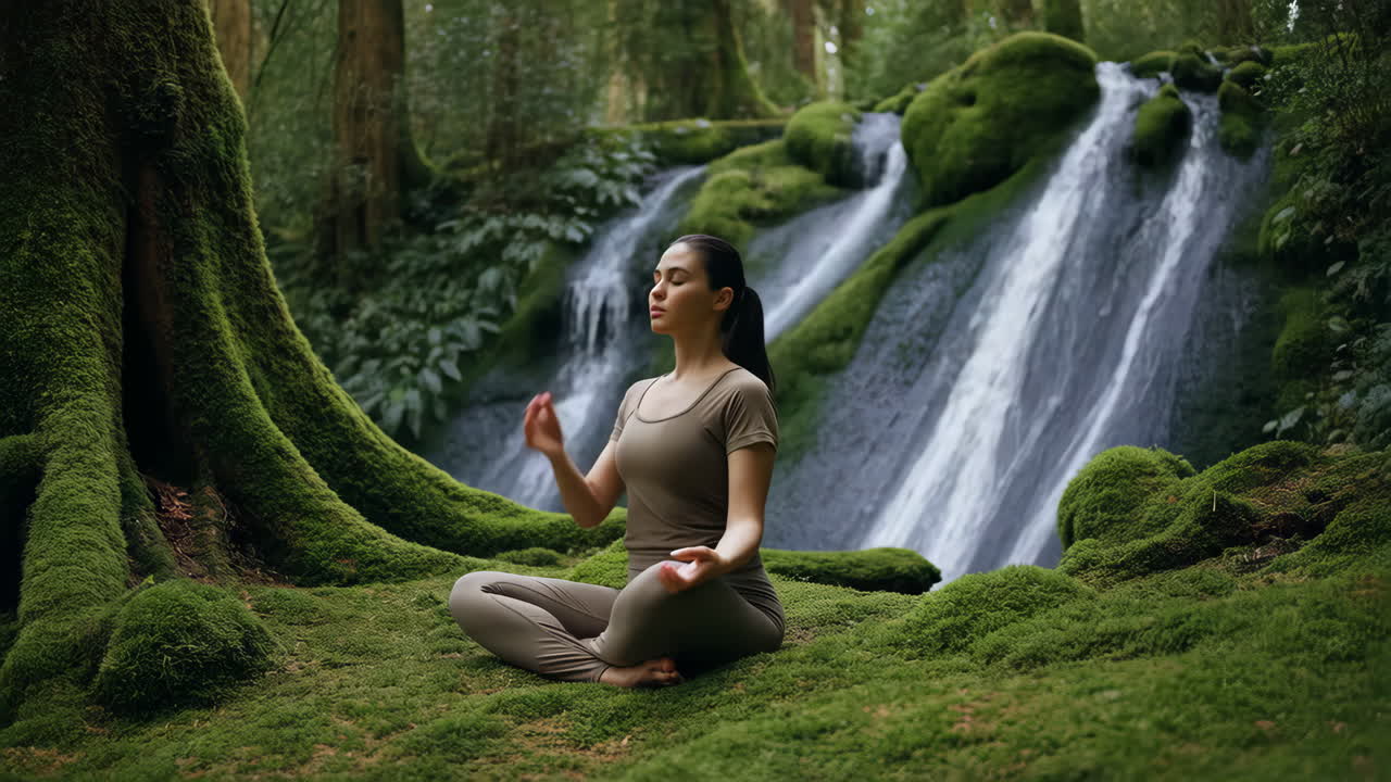 Woman meditating by a moss-covered waterfall in a tranquil forest