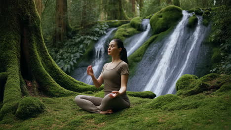 woman meditating by a moss-covered waterfall in a tranquil forest