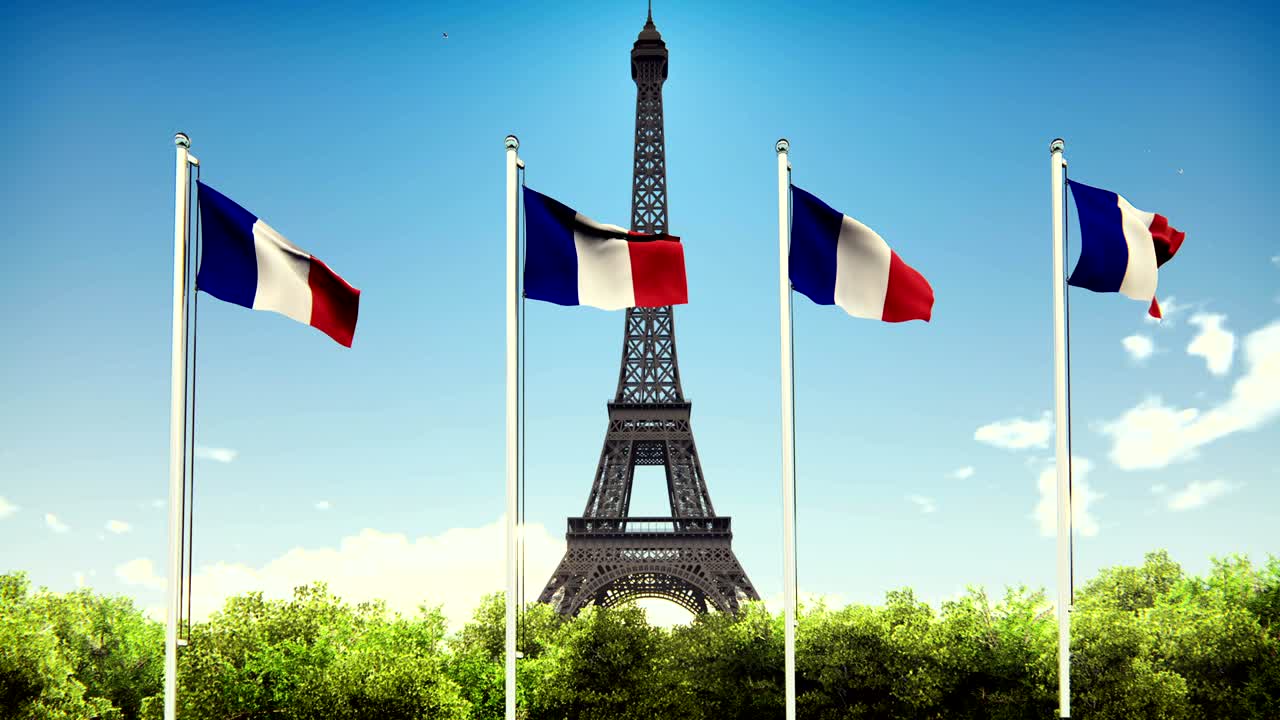 프랑스의 발: 푸른 하늘, 구름, 에펠탑을 배경으로 한 프랑스 발의 아름다운 루프 애니메이션