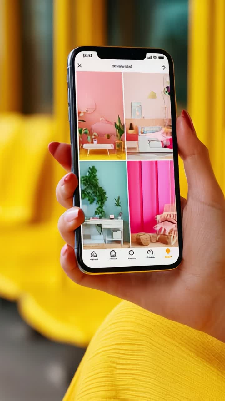 Exploring the Vivid World of Digital Design through a Colorful App Interface Showcasing Interior Decoration Inspirations in Two Distinct Frames Captured by a User's Smartphone