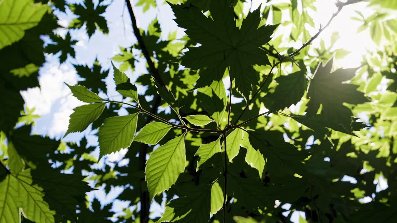 Close-up video shot of green leaves from a low angle, capturing sunlight filtering