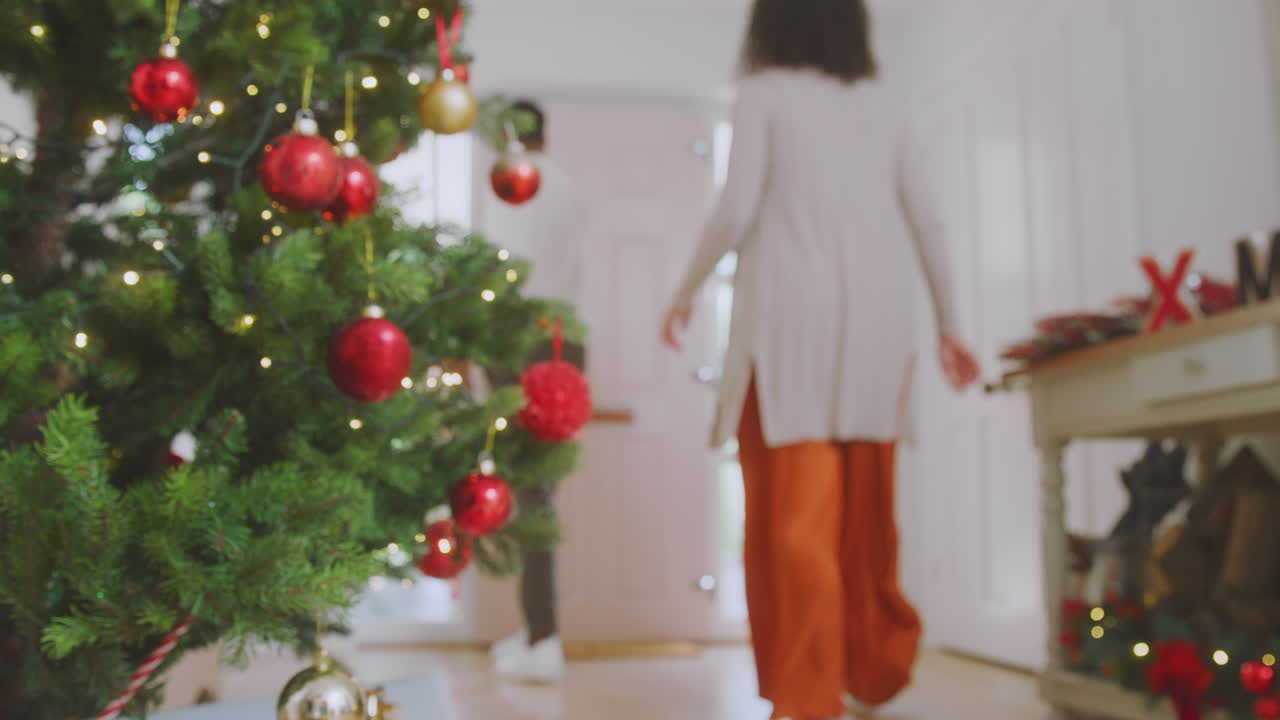 pareja saludando a los padres mayores cuando llegan con regalos para celebrar la navidad
